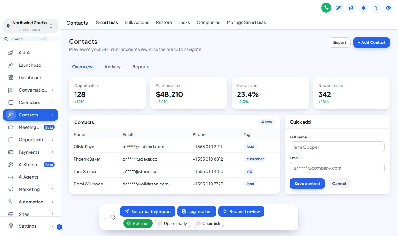 GoHighLevel contact page on the Care Desk theme with the contact actions bar at the bottom: Retainer, Upsell ready and Churn risk tags plus report and review buttons