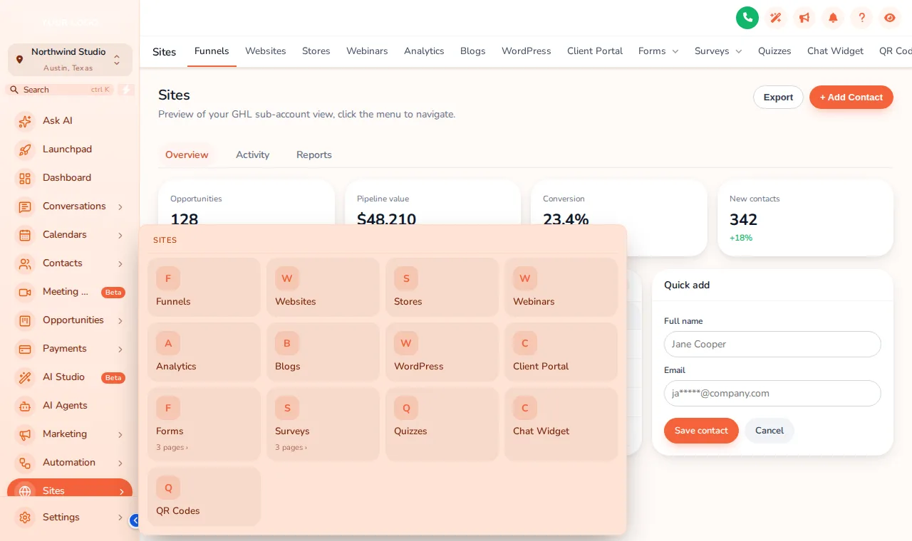 GoHighLevel sidebar with the Sites section opened as a Tiles mega menu: a grid of cards for Funnels, Websites, Stores and more